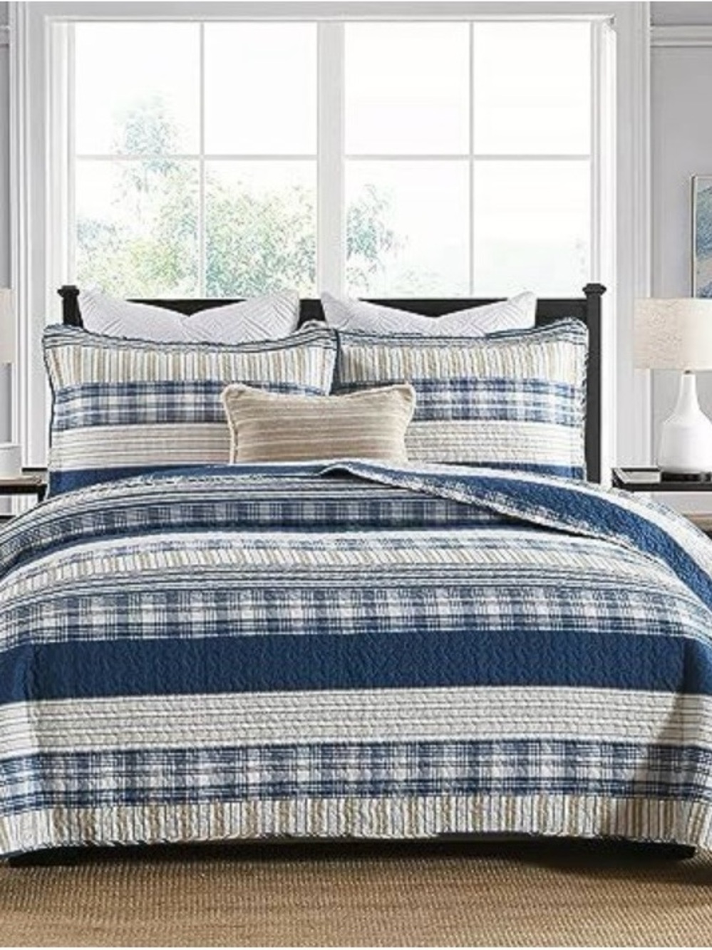 Coastal Stripe Quilted Bedding Set - Blue & White